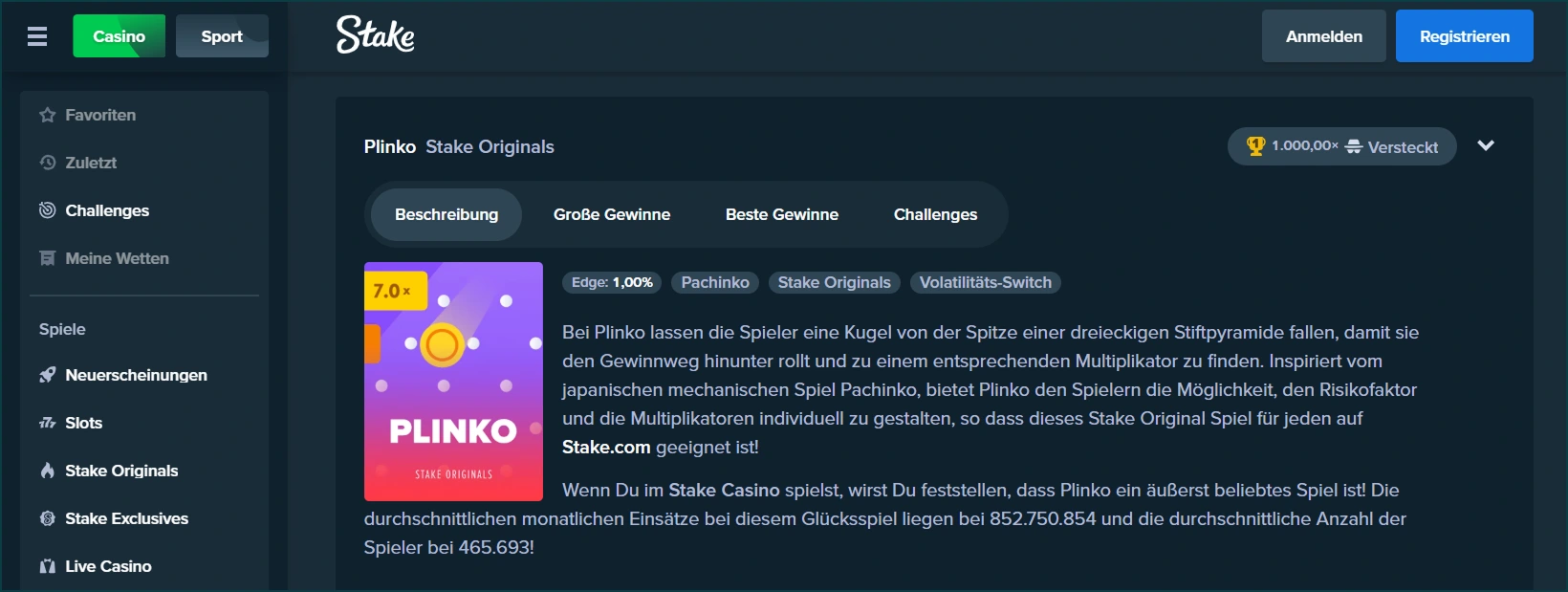 Plinko Casino Spiel bei Stake Casino - Live Gameplay